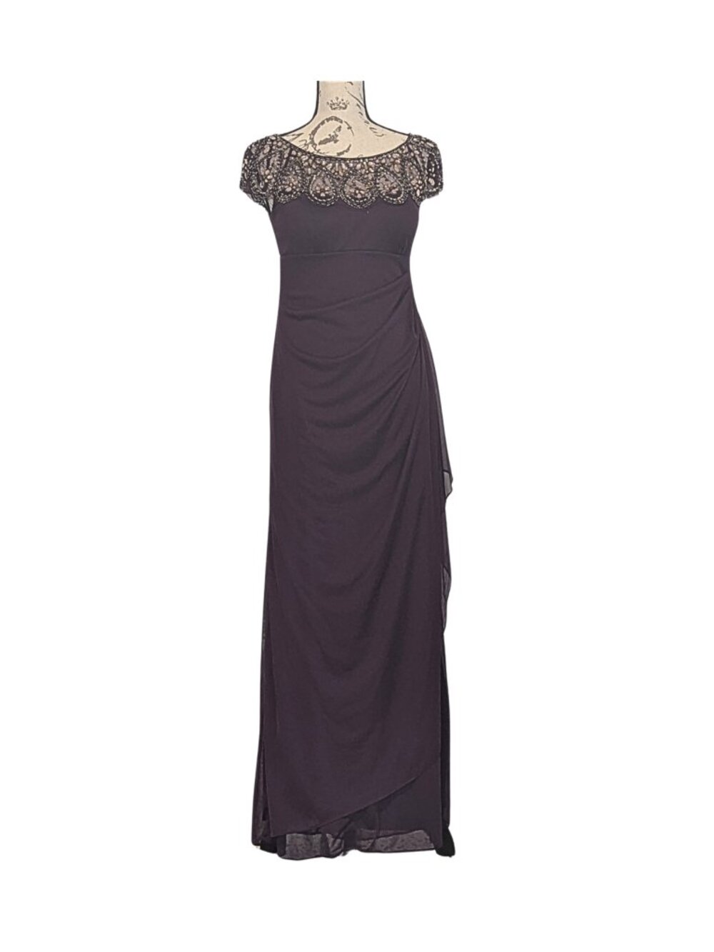 Xscape Plum Embellished Evening Gown Size 6P Beaded Illusion Neckline Maxi - Picture 2 of 8